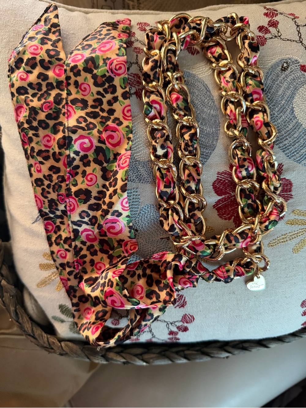 Betsy Johnson Belt/Necklace Gold-tone Chain Pink Floral & Leopard Print NWOT